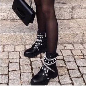Zara Leather Biker Pearl Chain Boots